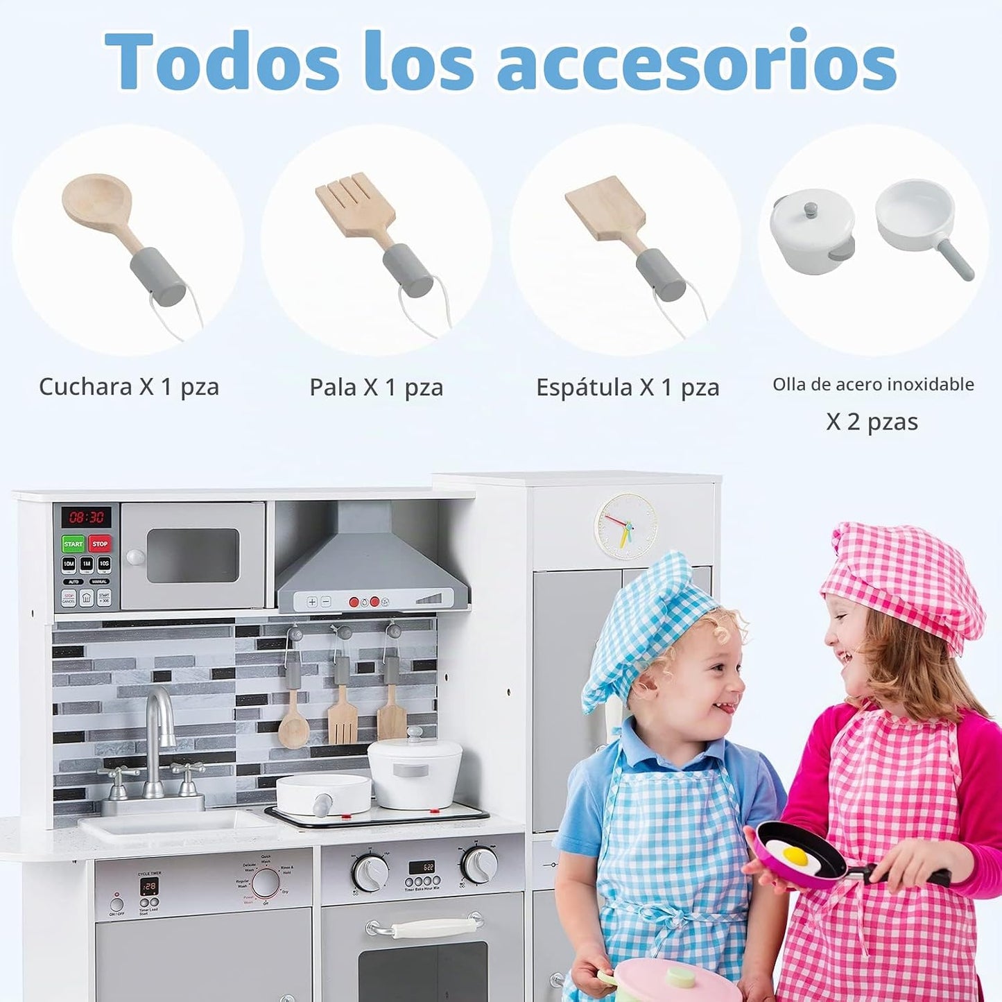 INFANS Juego de cocina para niños, juego de cocina de madera con lu...