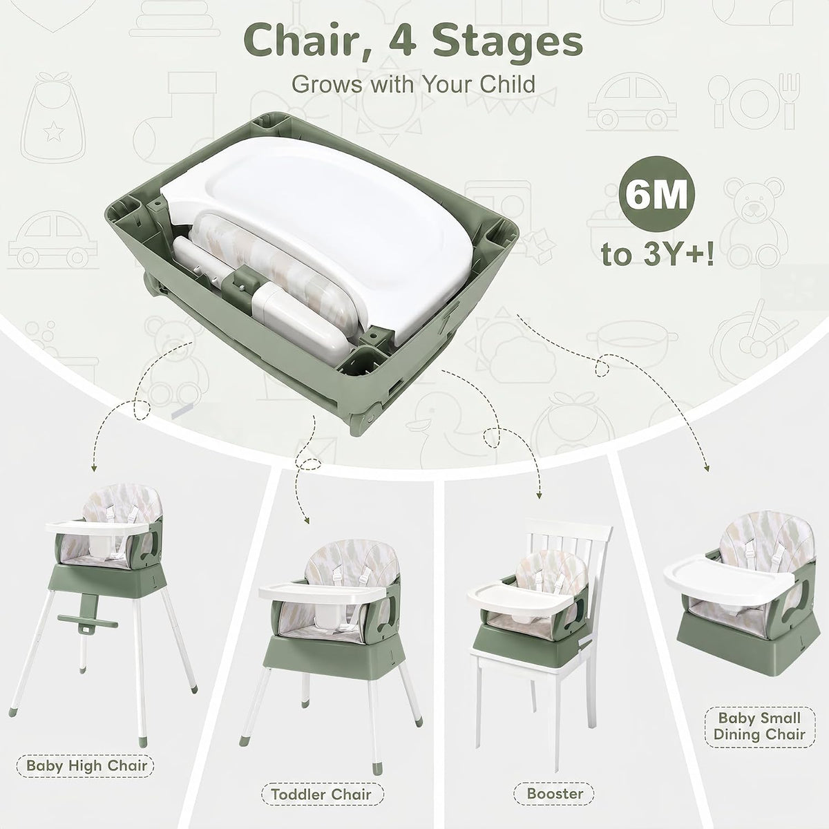 Silla alta portátil 4 en 1 convertible para bebés de 6 a 36 meses,...