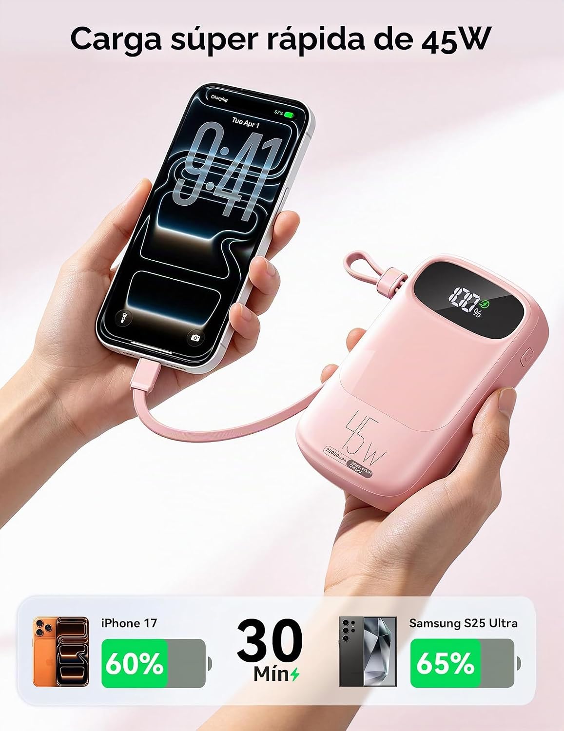 RETMSR Cargador Portátil 20000mAh 45W USB C Carga Rápida, Cable Inc...