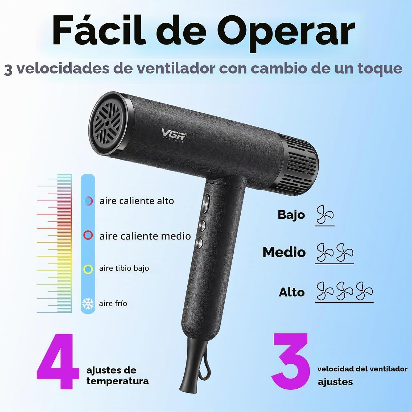 Secador de pelo de alta velocidad VGR, 110.000 RPM BLDC iónico, 3 a...