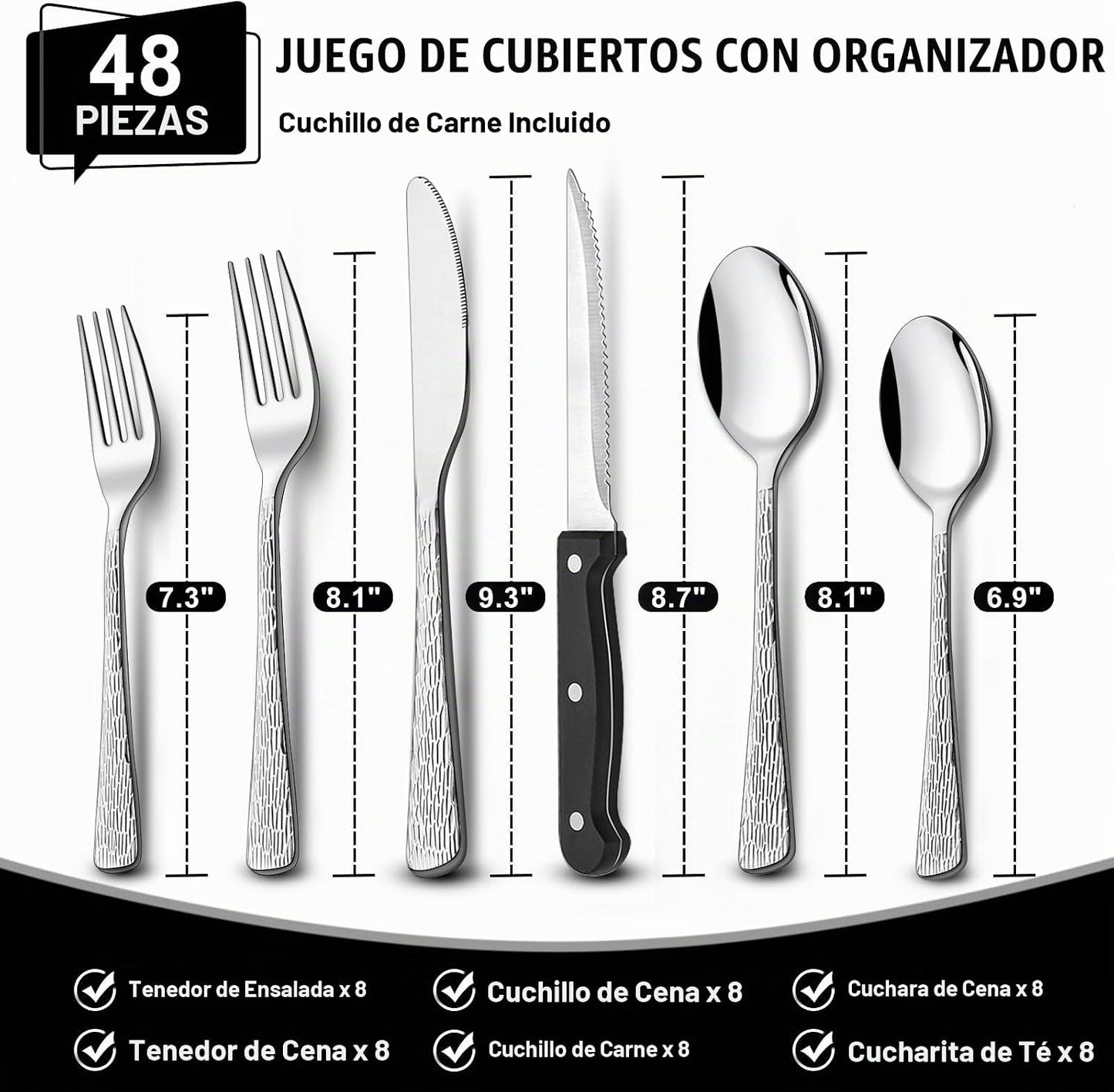Juego de cubiertos de 49 piezas con organizador, cubiertos de acero...