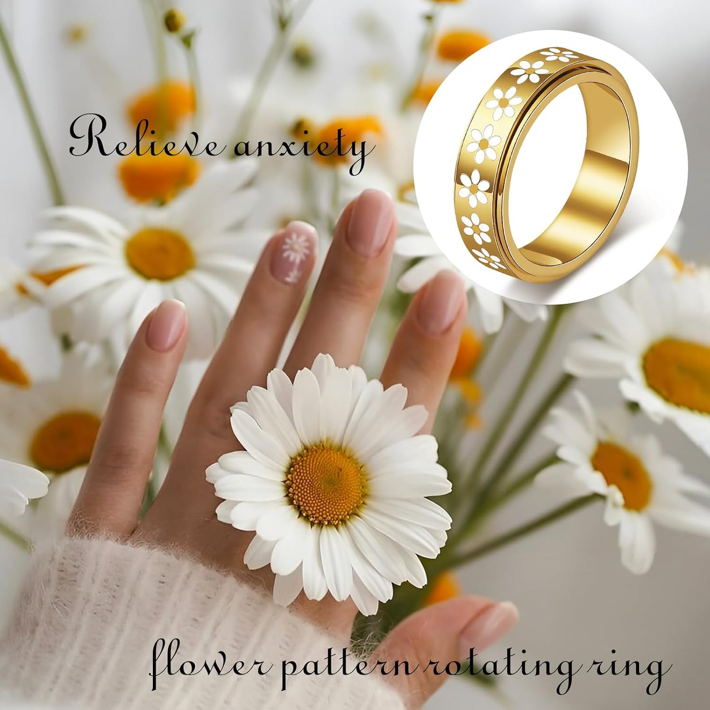Sfloemm Anillo Daisy Fidget para Alivio de la Ansiedad - Banda Gira...