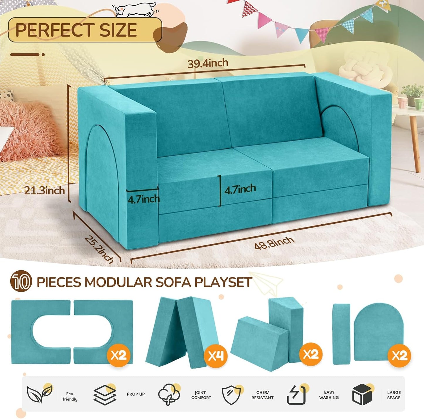 Fvkind Sofá de juego para niños de 10 piezas, sofá modular para niñ...