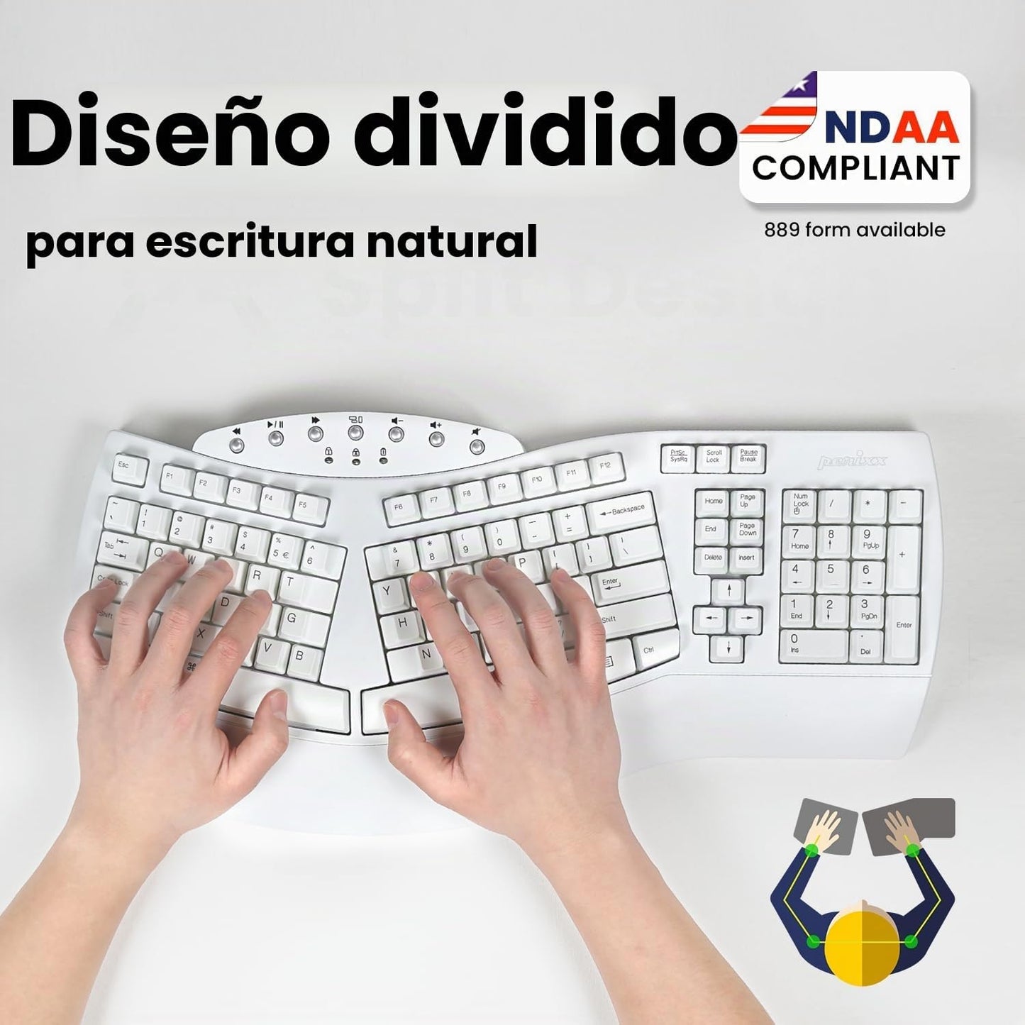 Perixx Periboard-612 - Teclado USB inalámbrico ergonómico dividido,...
