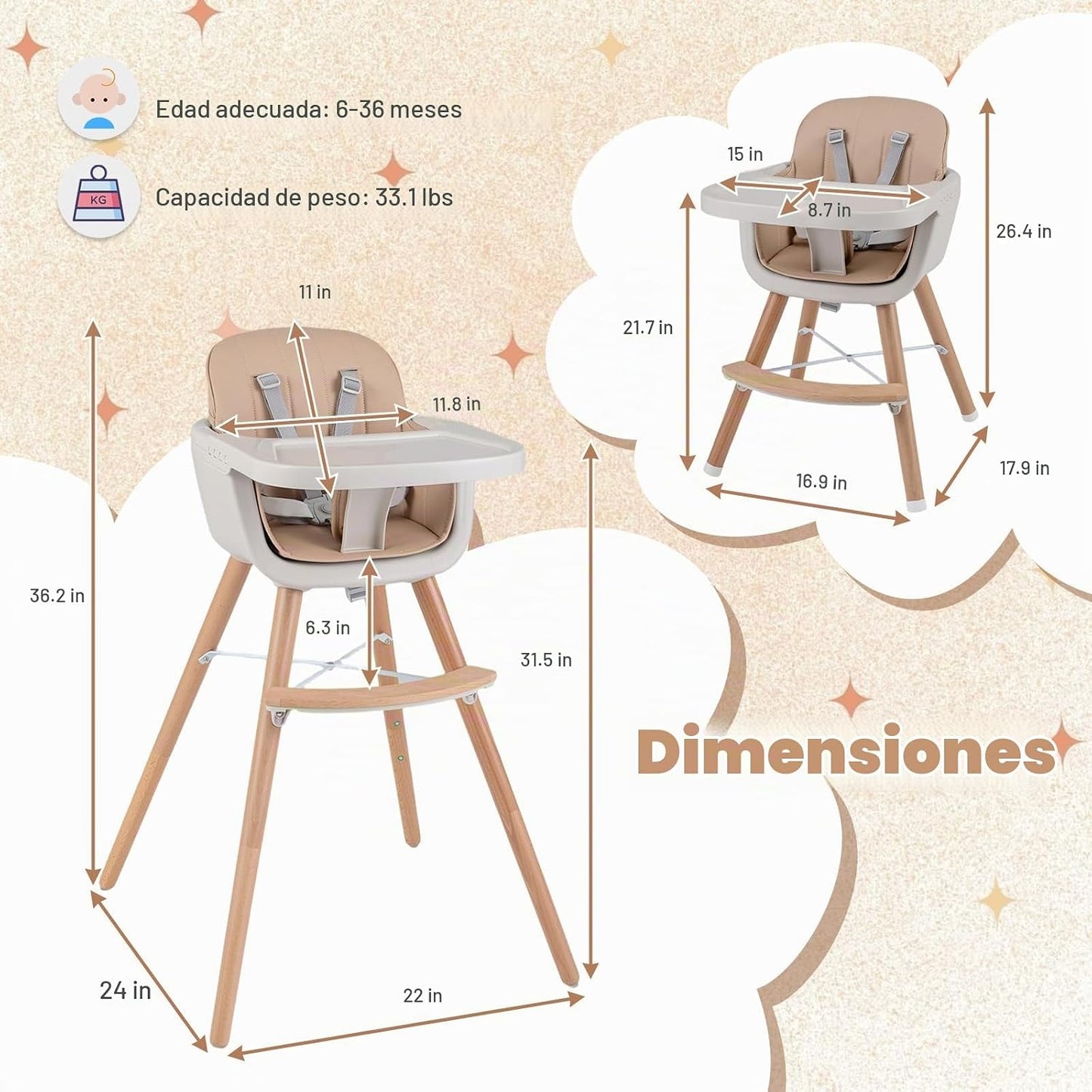 HONEY JOY Silla alta para bebé, silla alta 6 en 1 de madera Eat &am...