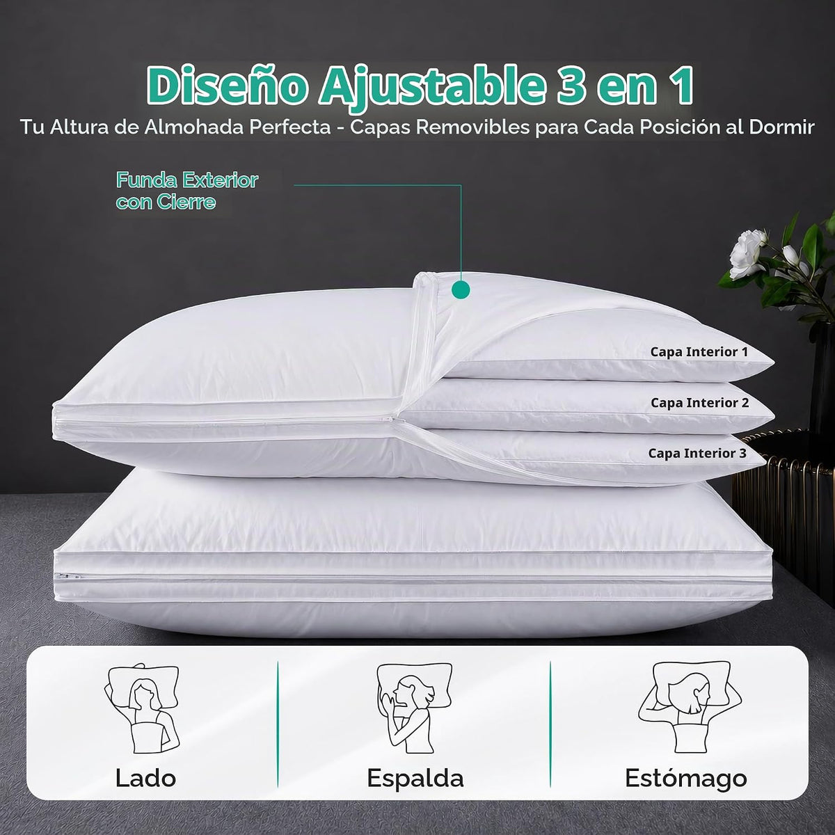 Three Geese - Juego de 2 almohadas de plumas de ganso ajustables de...