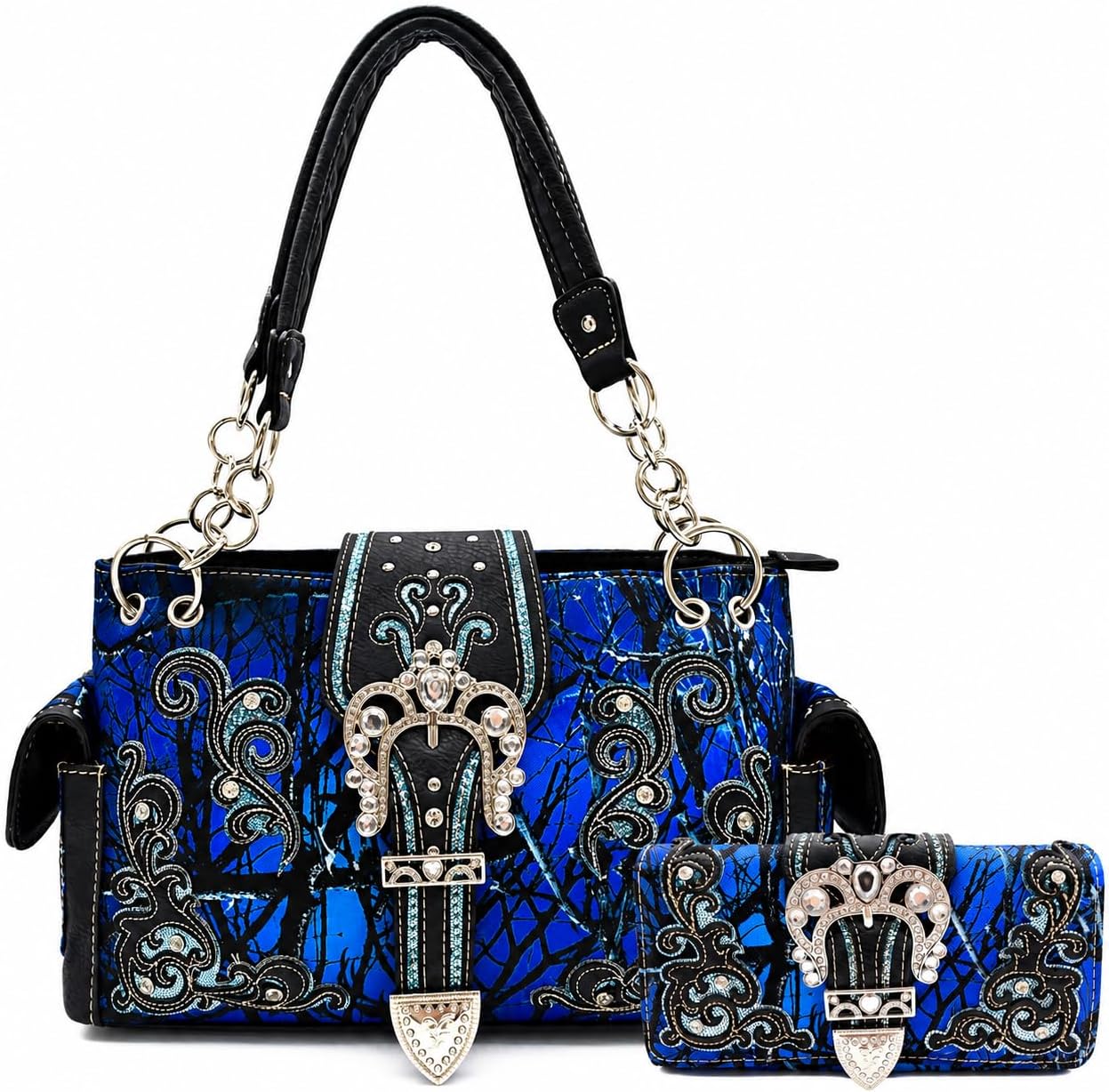Bolso estilo occidental con hebilla de corona camuflaje, brillo flo...