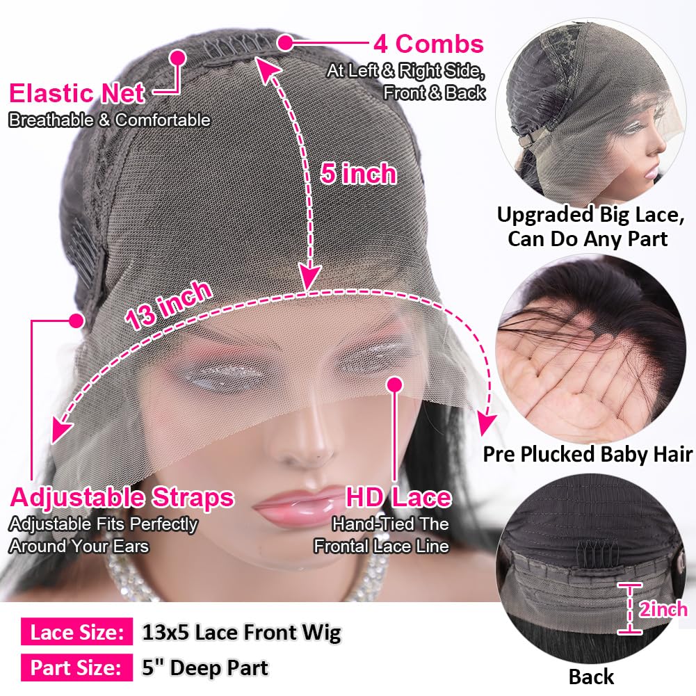 Peluca de pelo natural con malla frontal para mujer, línea capilar...