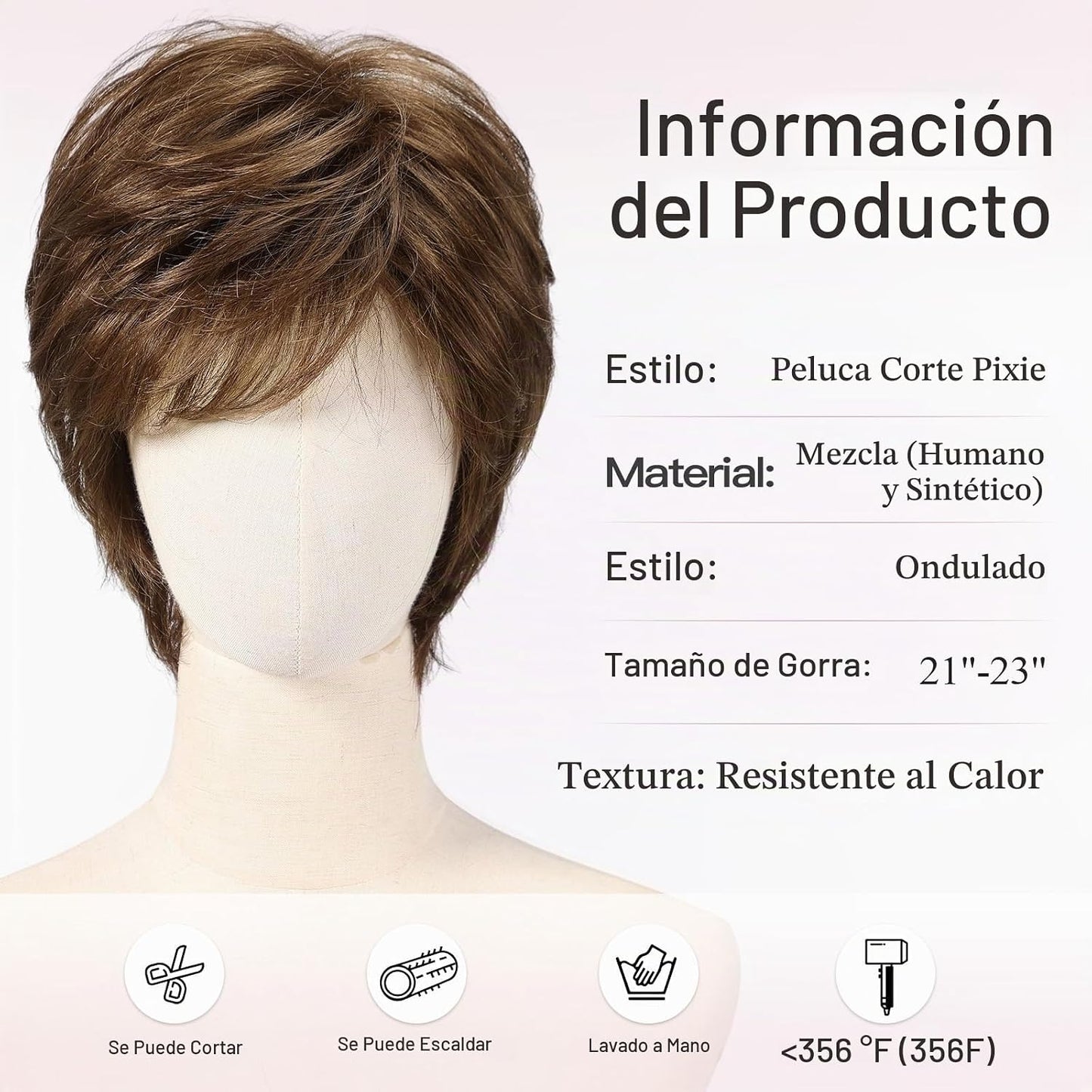 EMMOR Peluca Corta de Cabello Humano Marrón Mezclado para Mujeres B...