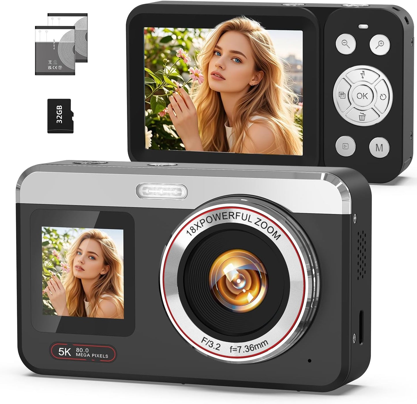 Hoorola Cámara digital, pantalla dual 5K 80MP, enfoque automático p...