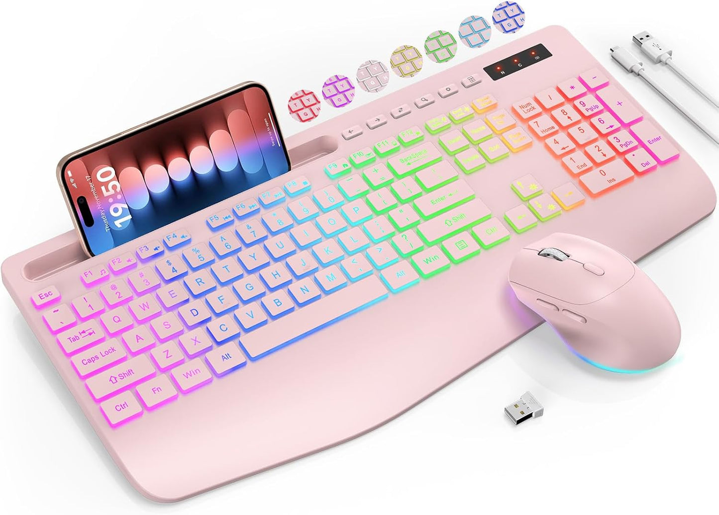 Combo de teclado y mouse inalámbricos, 9 efectos retroiluminados, r...