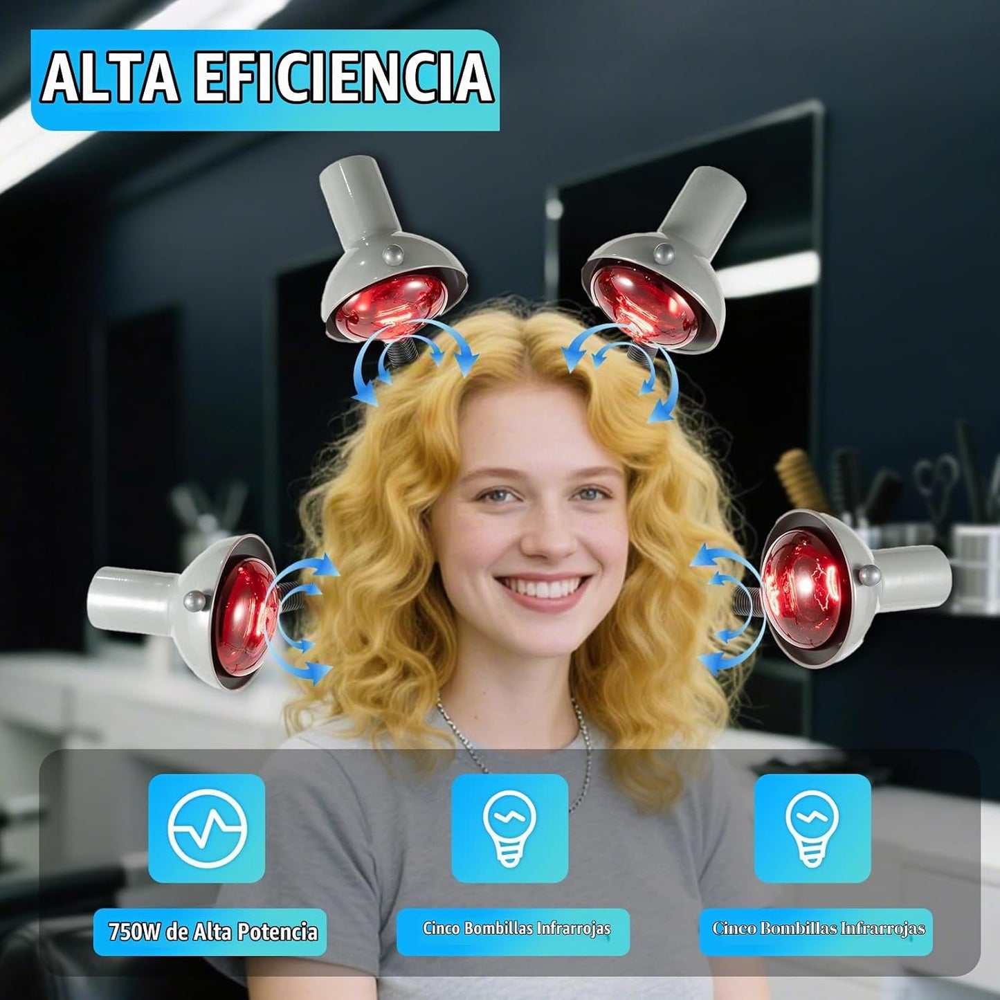 Secador de pelo con capucha de 750 W con 5 lámparas infrarrojas, va...
