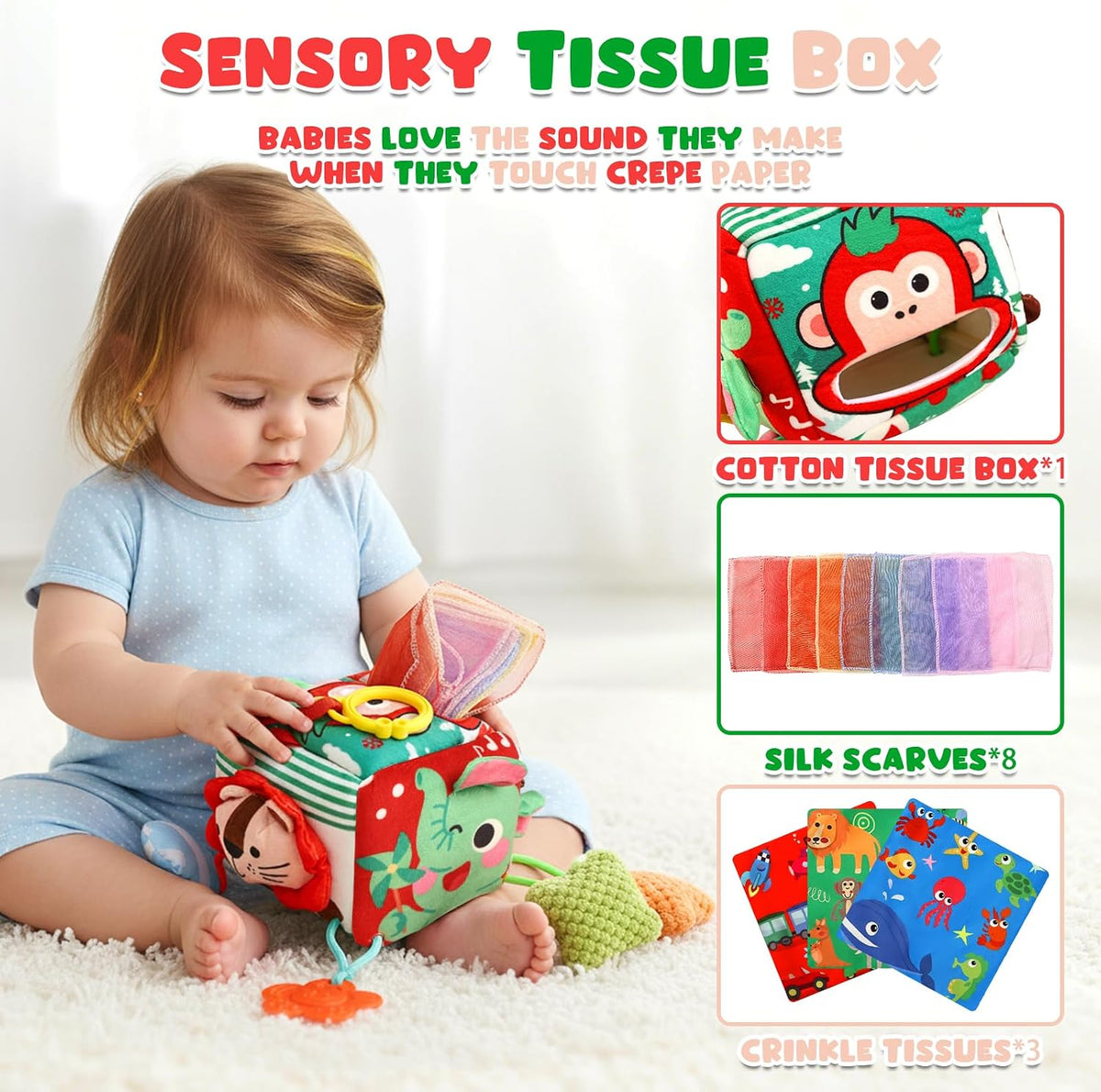 YOGINGO Caja de pañuelos para bebé, juguetes sensoriales Montessori...