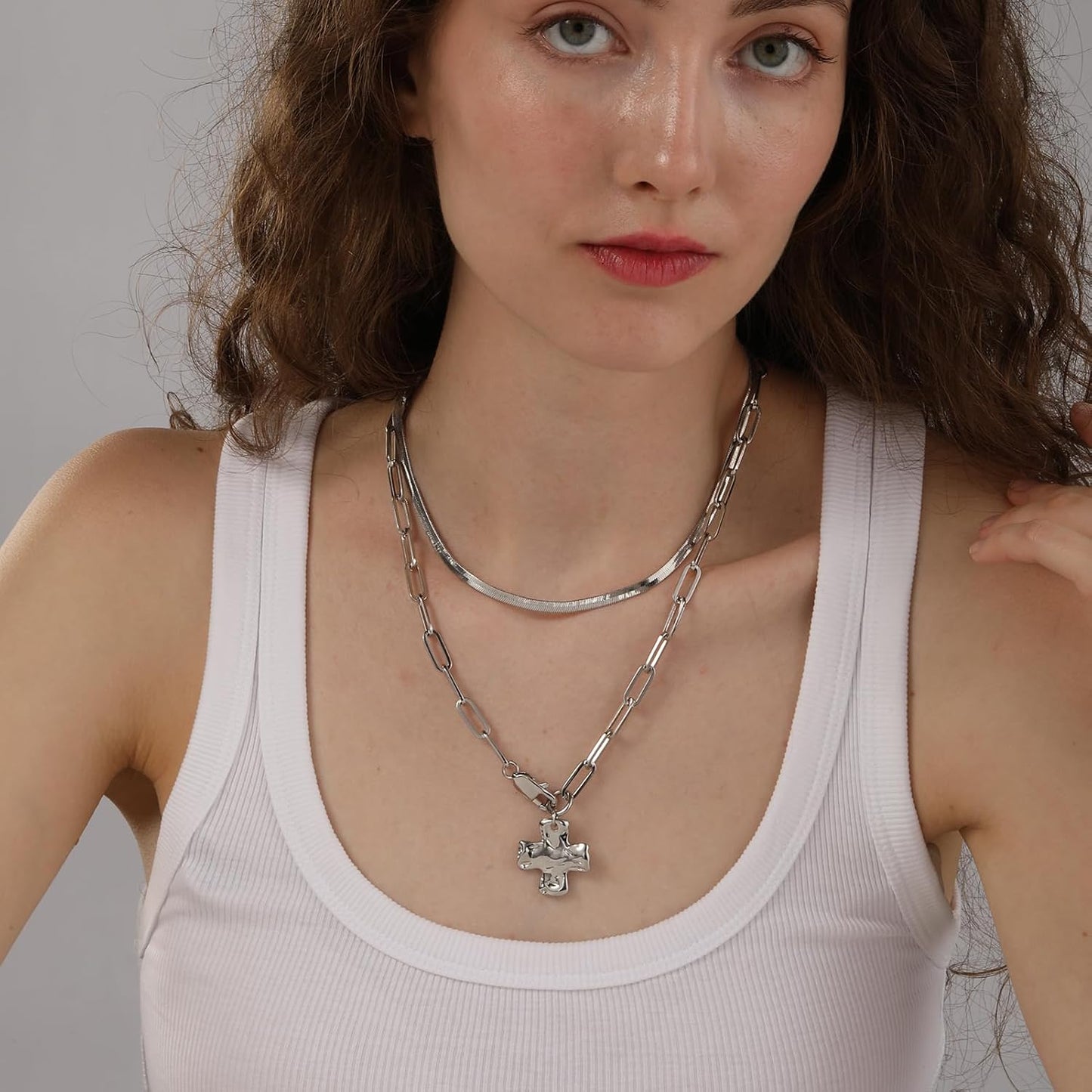 Bheop - Collar de cruz gruesa para mujer, oro de 14 quilates, plata...