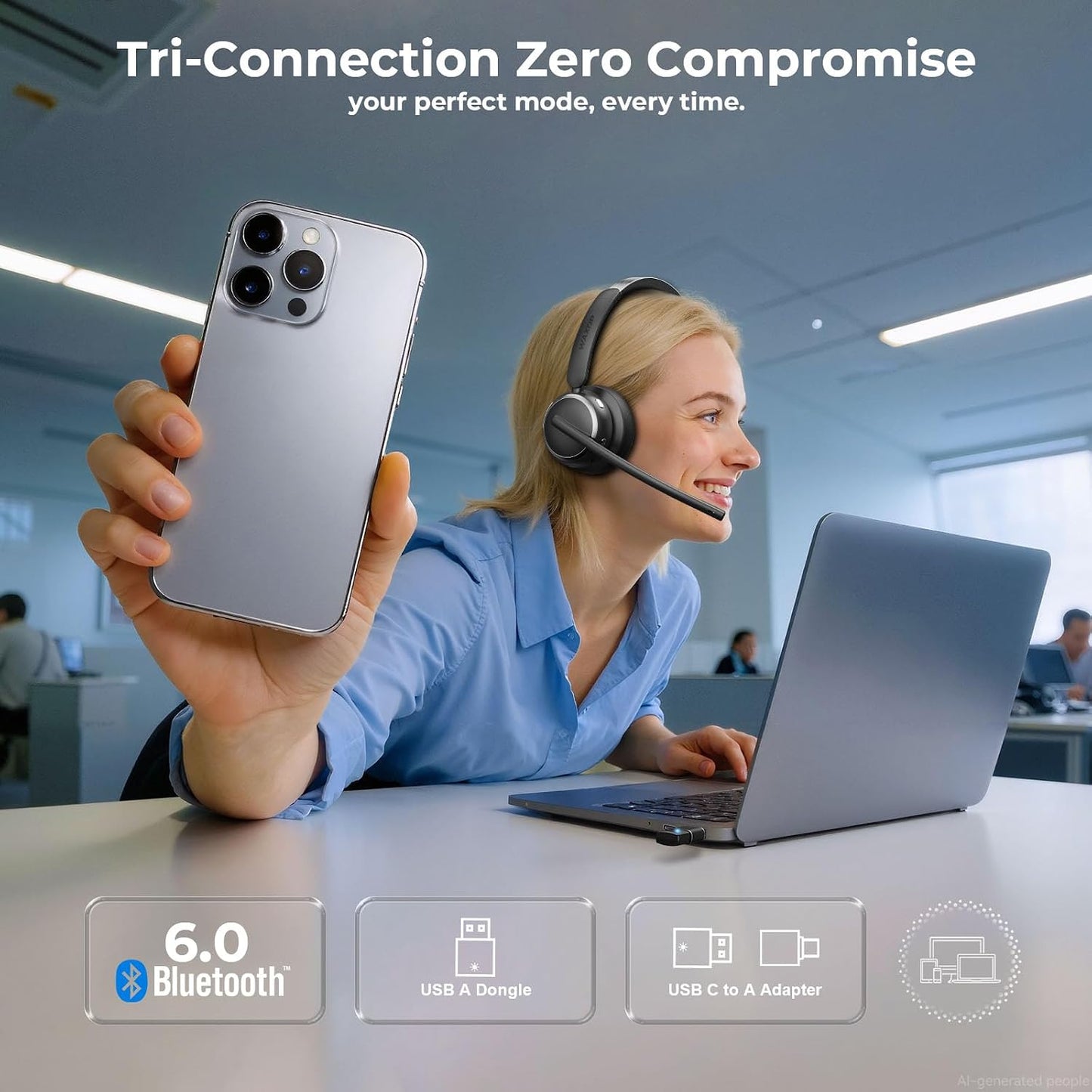 Auriculares inalámbricos con micrófono para trabajo, USB A\/C donle...