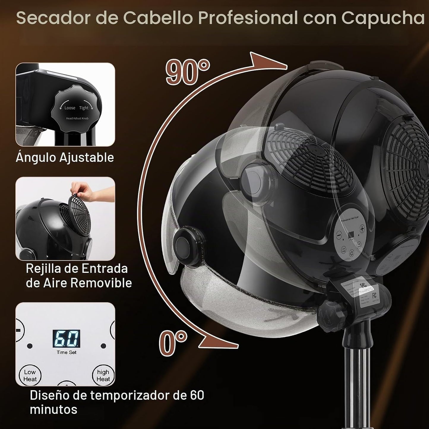 Secador de pelo con capucha con ajuste de tiempo, controles táctile...