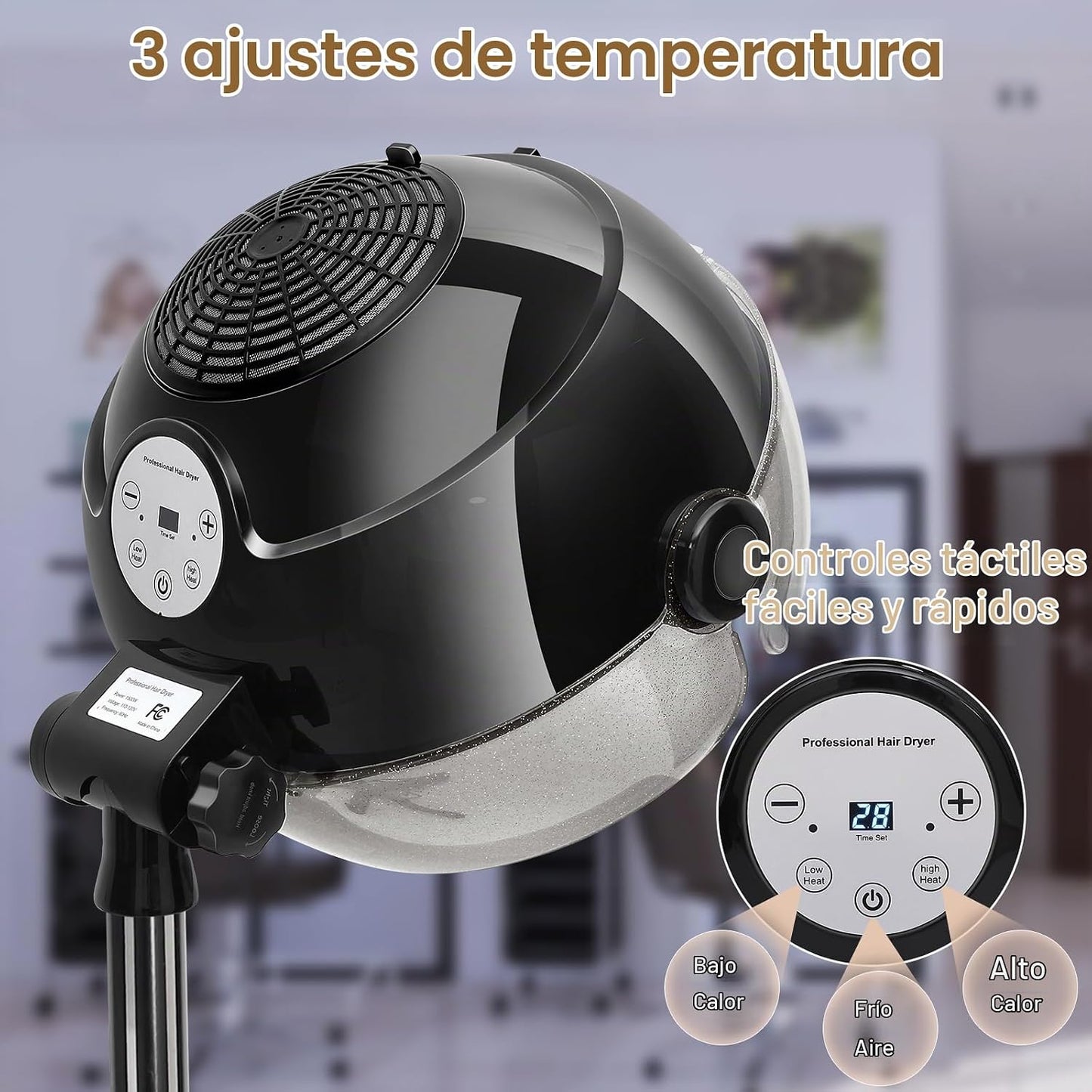 Secador de pelo con capucha con ajuste de tiempo, controles táctile...
