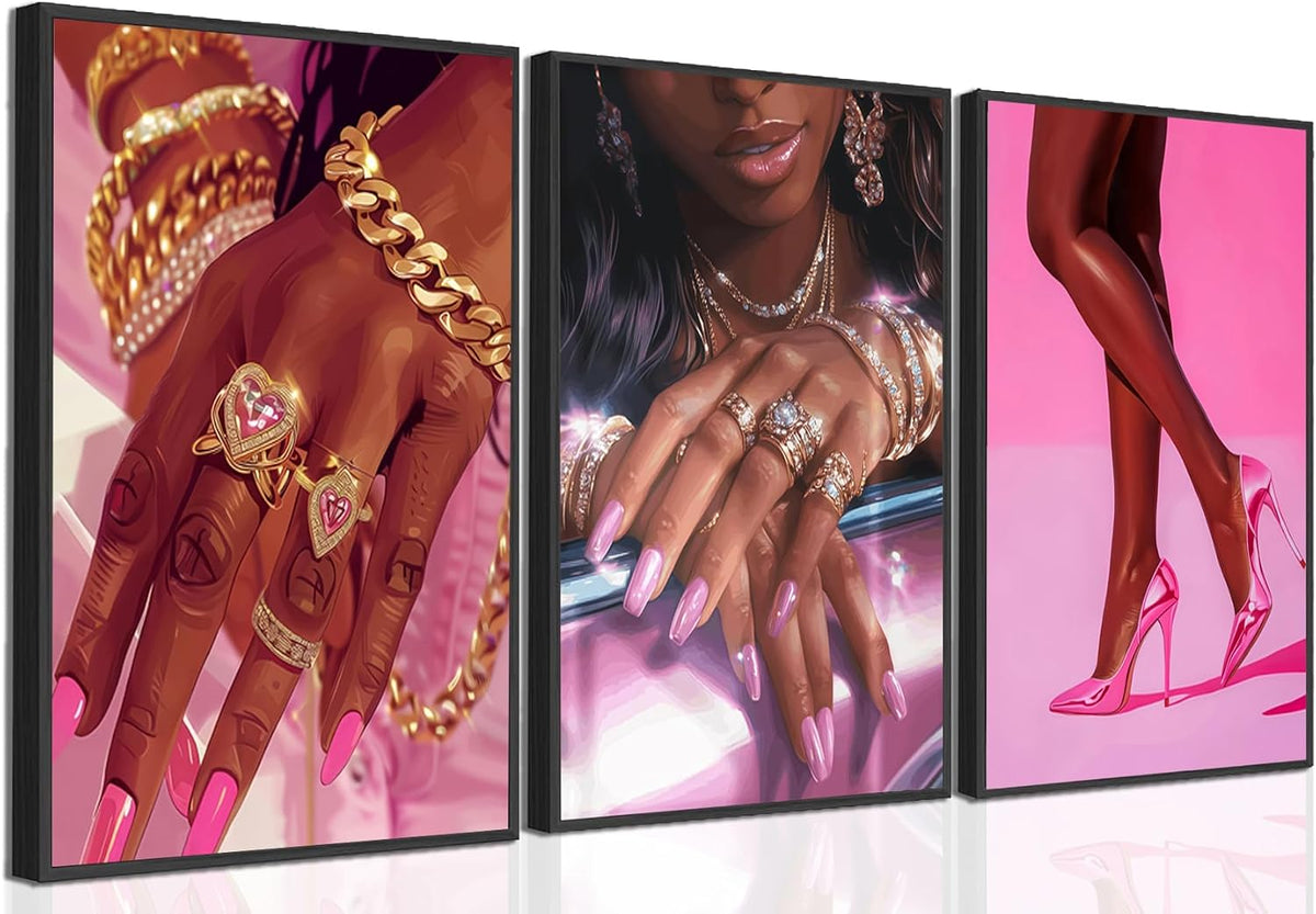 Juego de 3 pósters de pared de mujer afroamericana en lienzo rosa y...