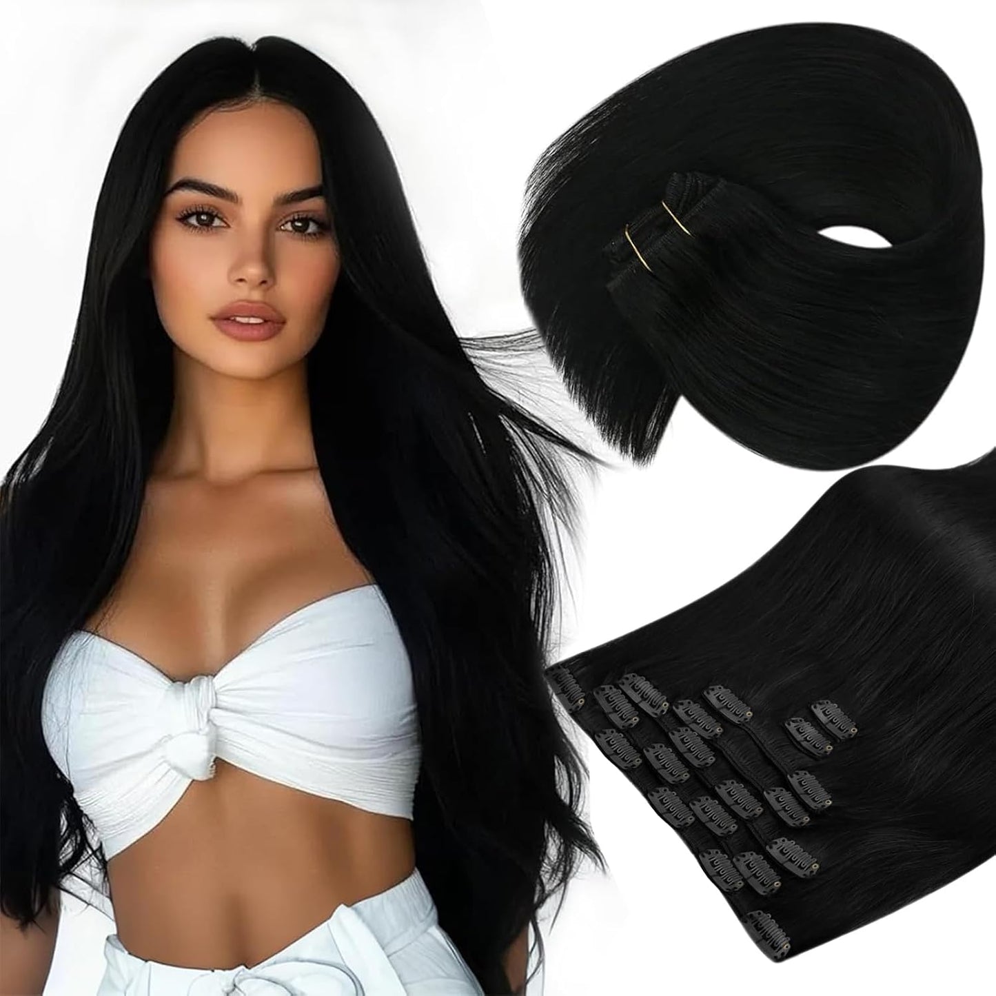 Sunny Hair - Extensiones de clip de cabello humano largo, color neg...
