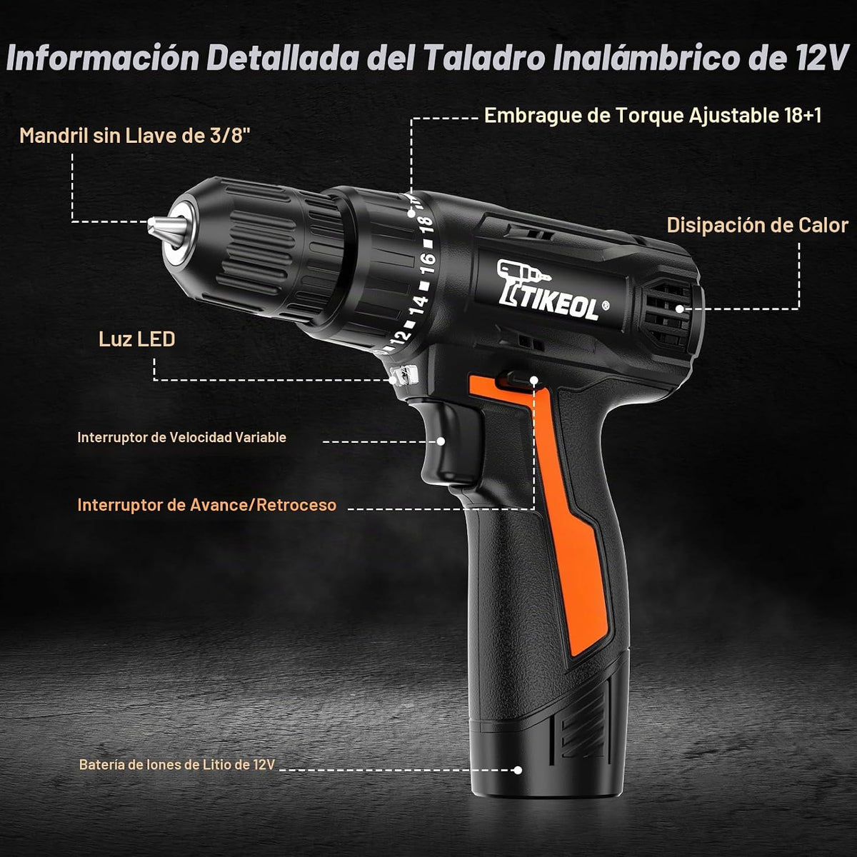 TIKEOL Juego de taladro inalámbrico de 12 V con batería y cargador,...