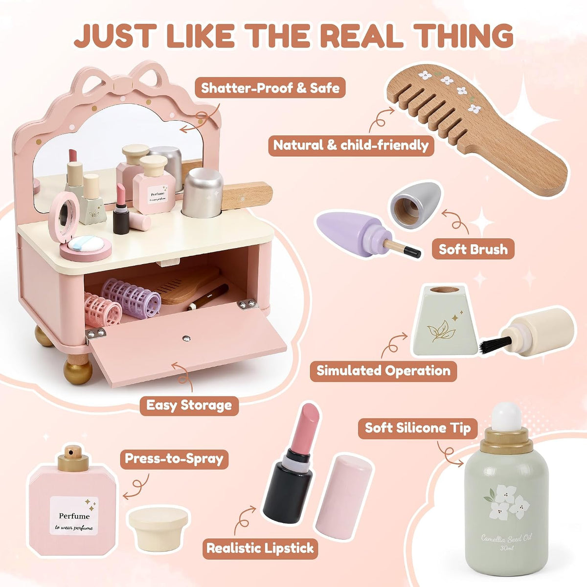 Pithfor Juego de tocador de madera, kit de maquillaje para niños y...