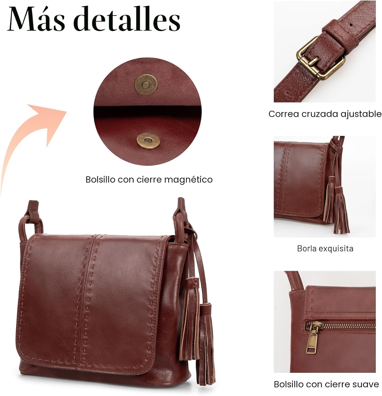 befen Bolso cruzado de cuero vintage para mujer, bolso de cuero gen...