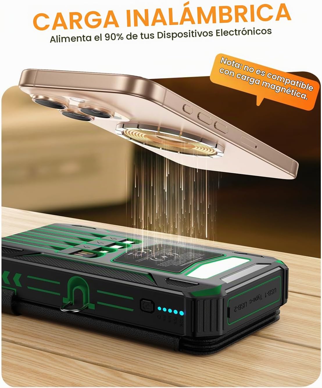 Banco de energía solar 48000mAh construido en 4 cables, linterna, e...