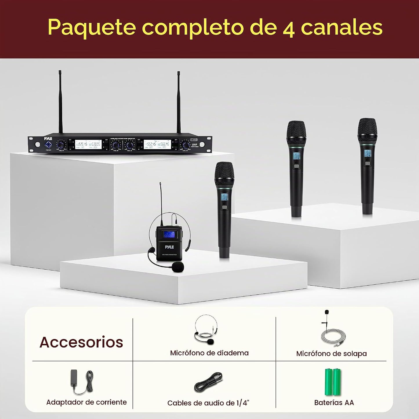 Pyle Sistema de micrófono inalámbrico UHF de 4 canales con 3 micróf...