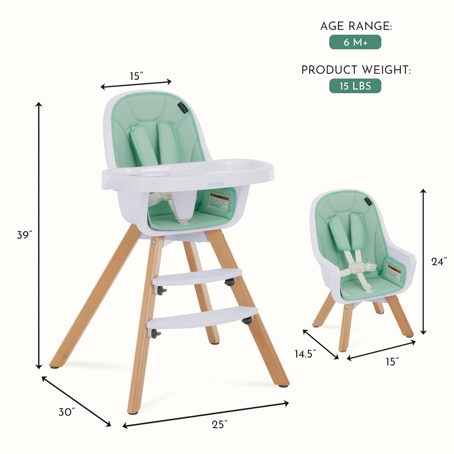 évolur Zoodle - Silla alta 3 en 1 en color menta, silla de alimenta...