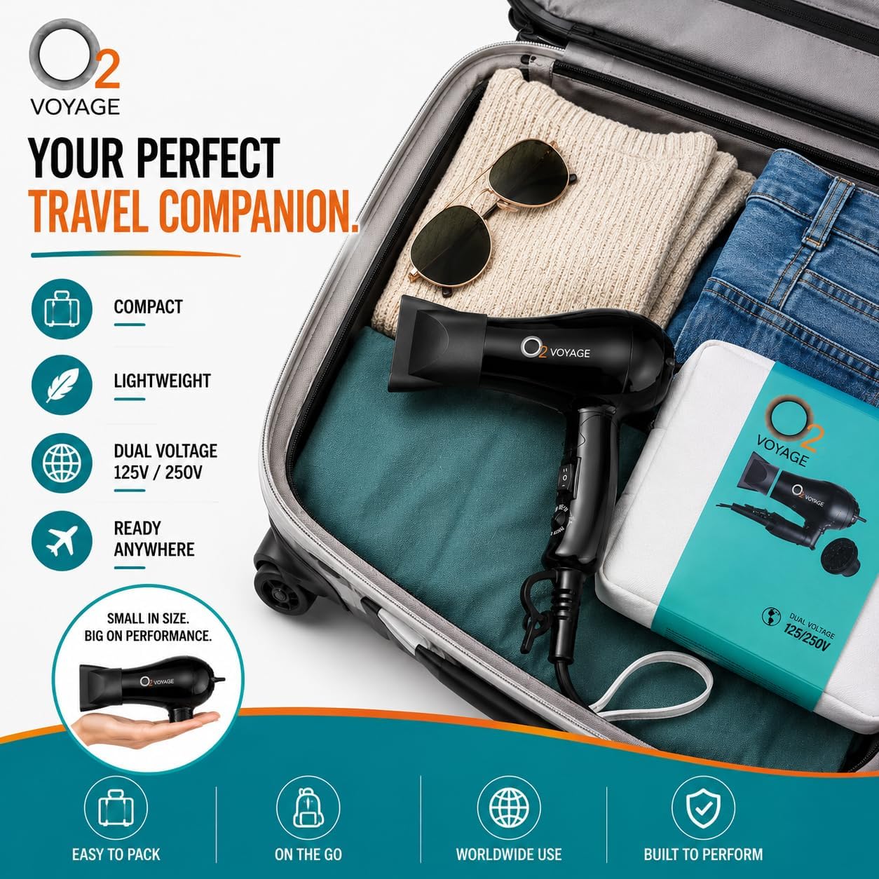 O2 Voyage - Secador de pelo iónico profesional de doble voltaje de...
