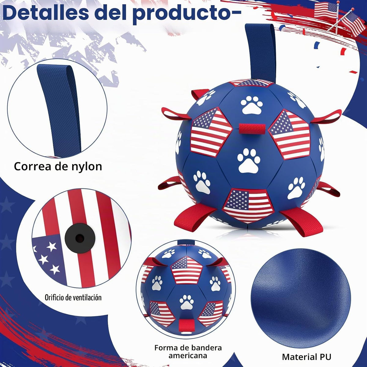 QDAN Juguetes para perros, pelota de fútbol con correas, bolas dura...