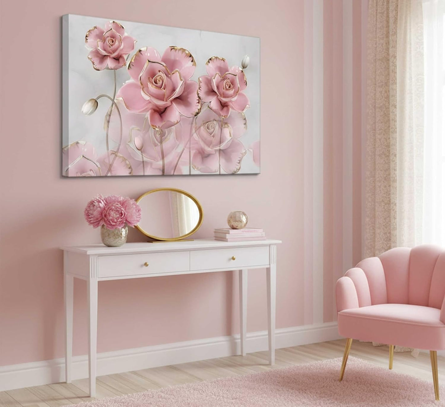 Arte de pared moderno de rosas doradas en delicado color rosa, lien...