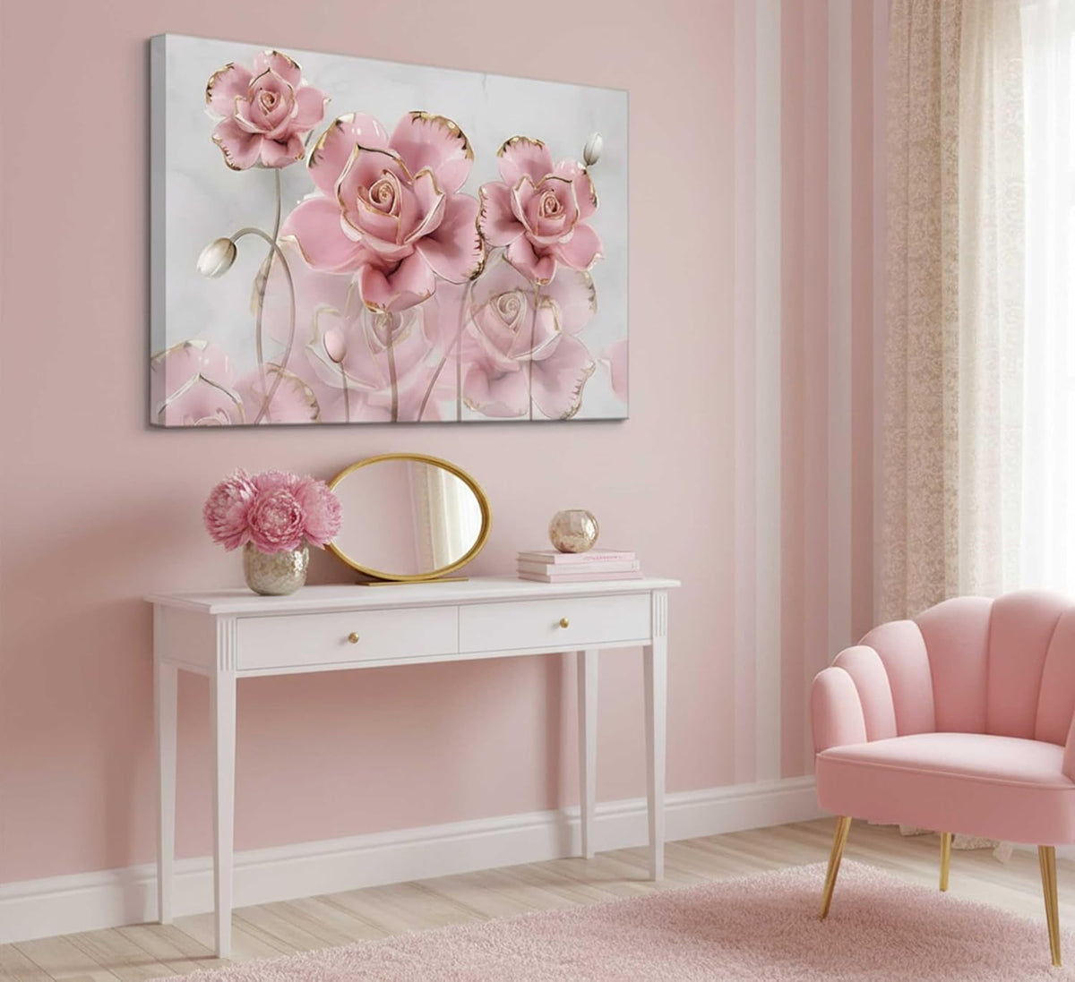 Lona moderna de rosas delicadas en oro rosa con flores que se refle...