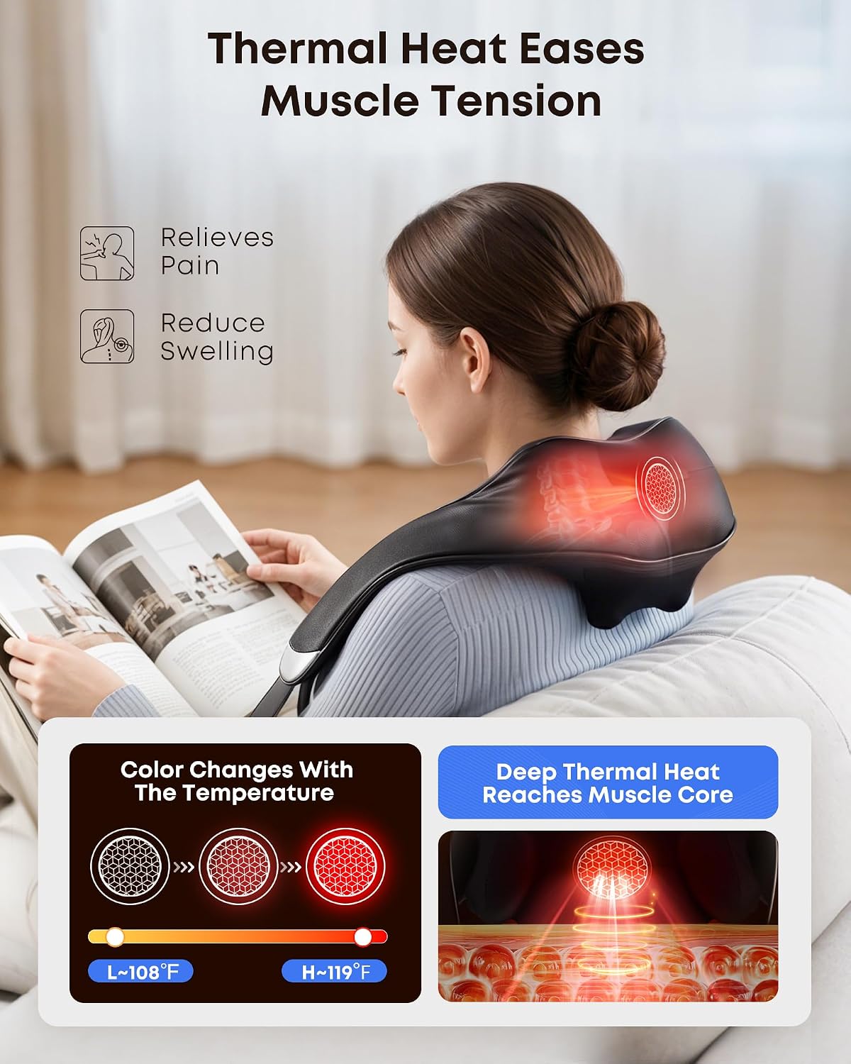 EaseZen Masajeador de cuello inalámbrico con calor para aliviar el...