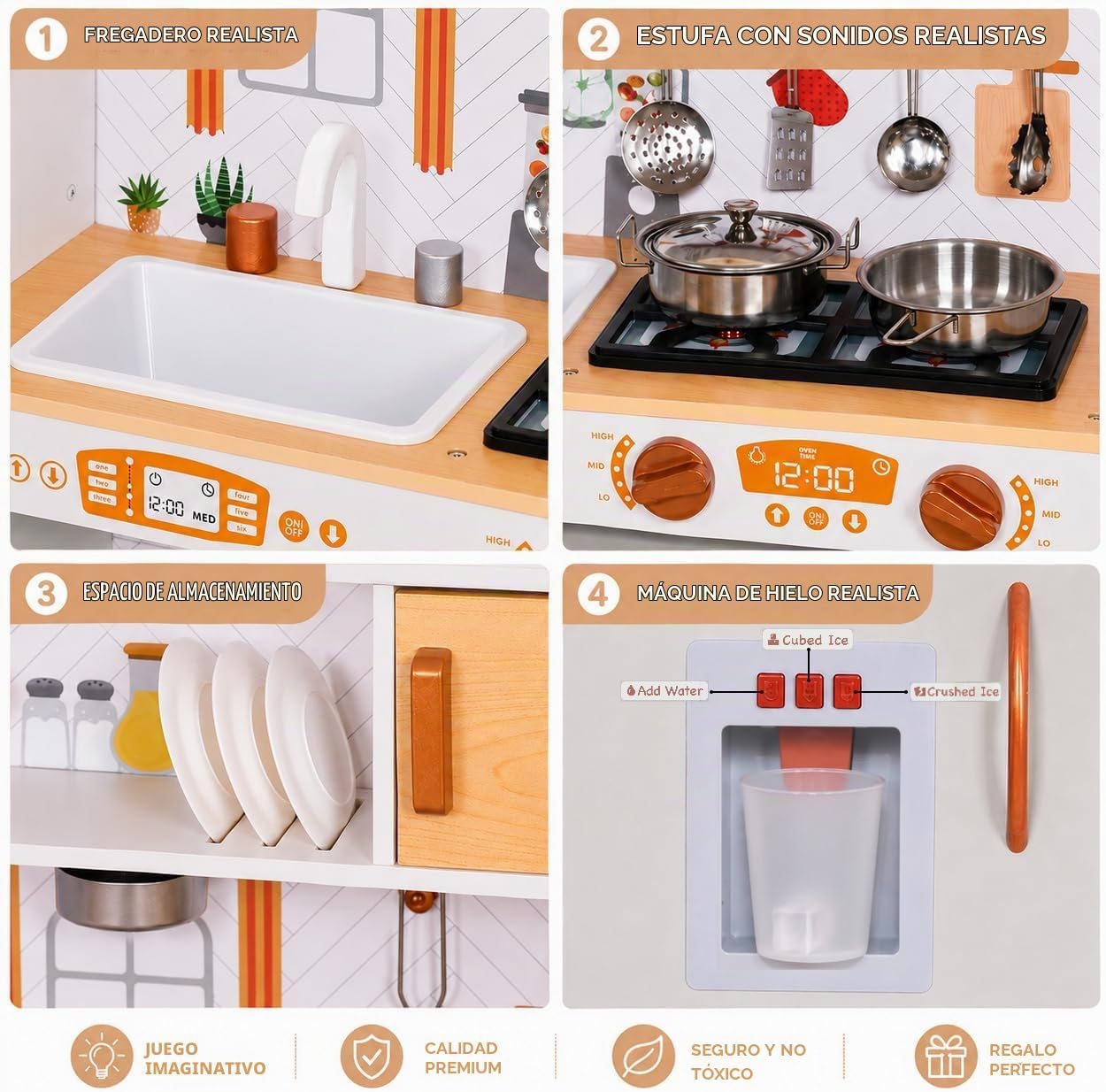 Juego de juguetes de cocina de madera con luz, juego de cocina de j...
