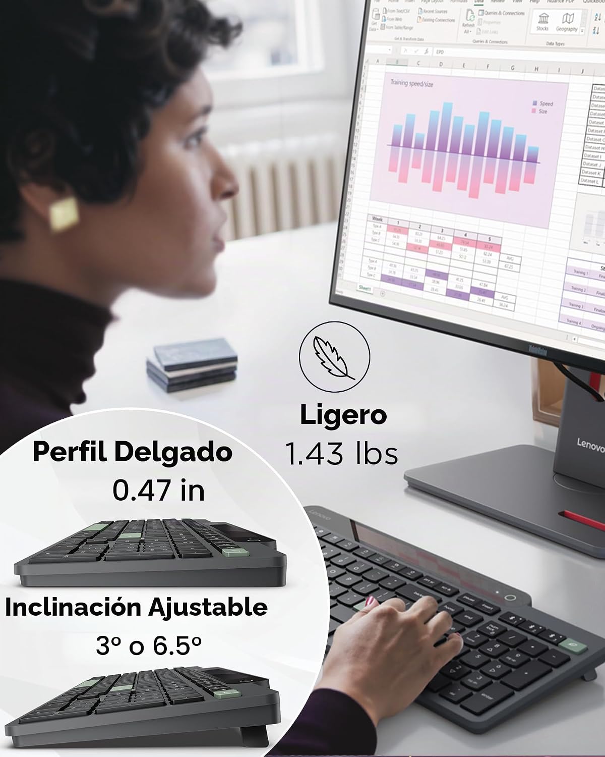 Lenovo 800 Teclado Bluetooth Autocargable, Utiliza Luz Ambiental pa...