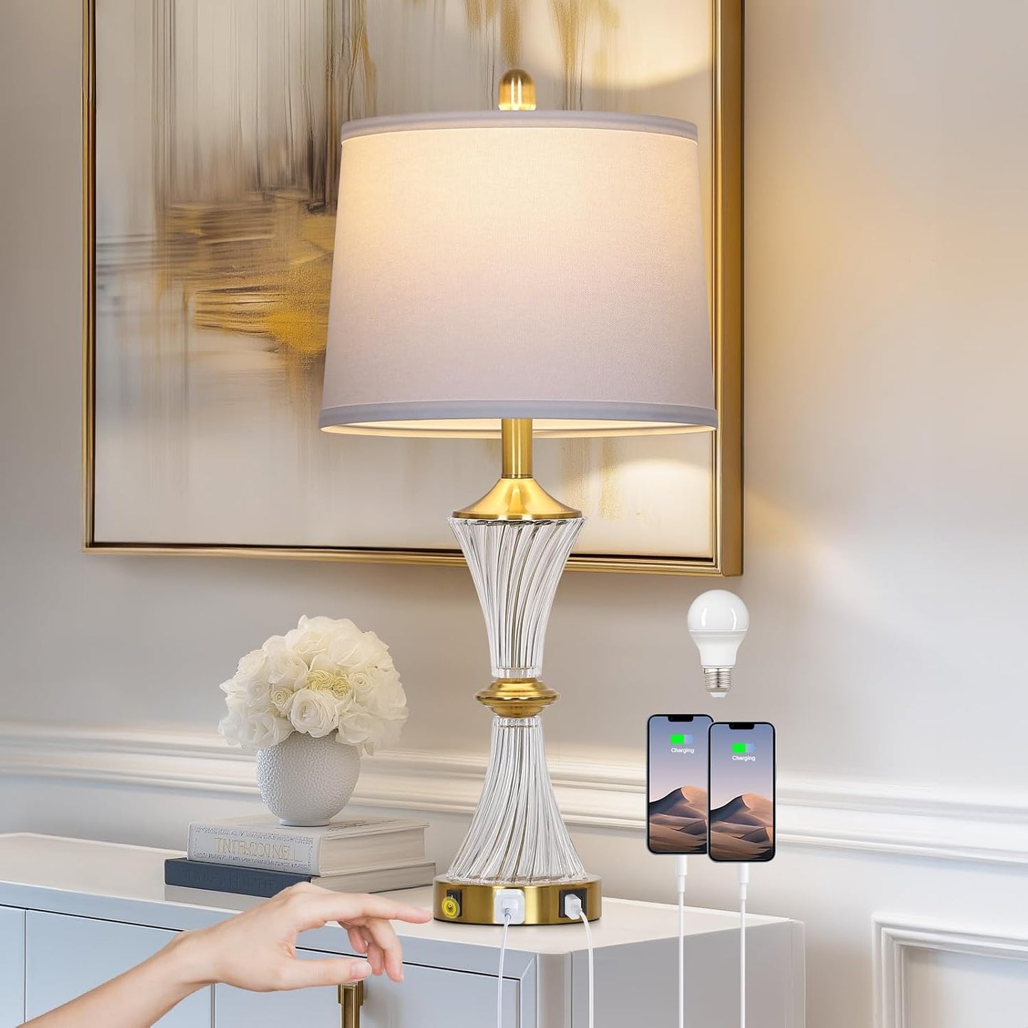 Rinweey Lámpara de mesa de cristal con puertos USB C+A y salida de...