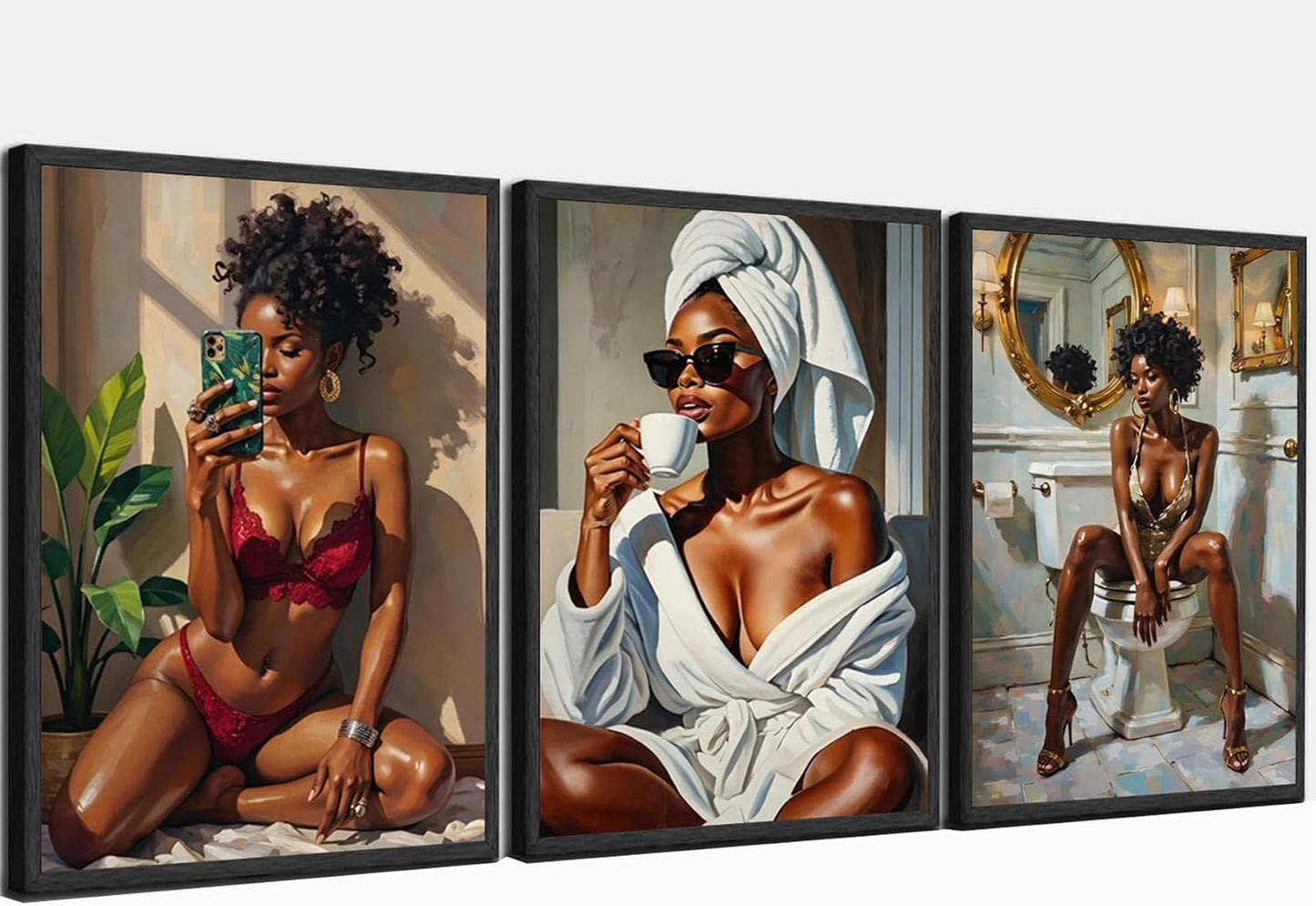 3 piezas de arte de pared de baño de niña negra, póster de pintura...