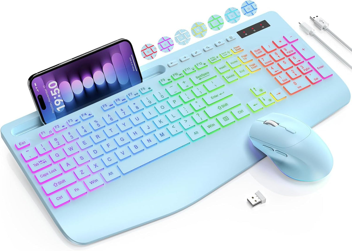SABLUTE Combo de teclado y mouse inalámbricos, 9 efectos retroilumi...