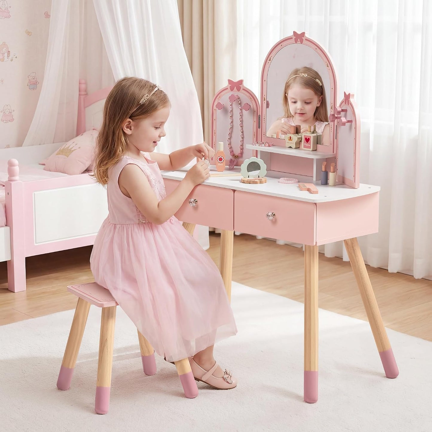 ROBUD Juego de mesa y silla para niños, juego de tocador para niñas...