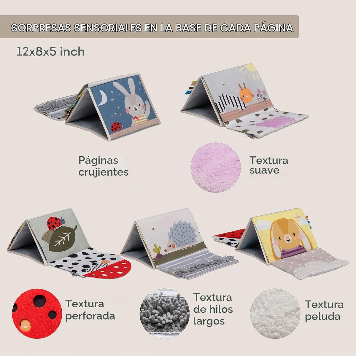 Taf Toys Libro sensorial para el tiempo boca abajo con páginas arru...