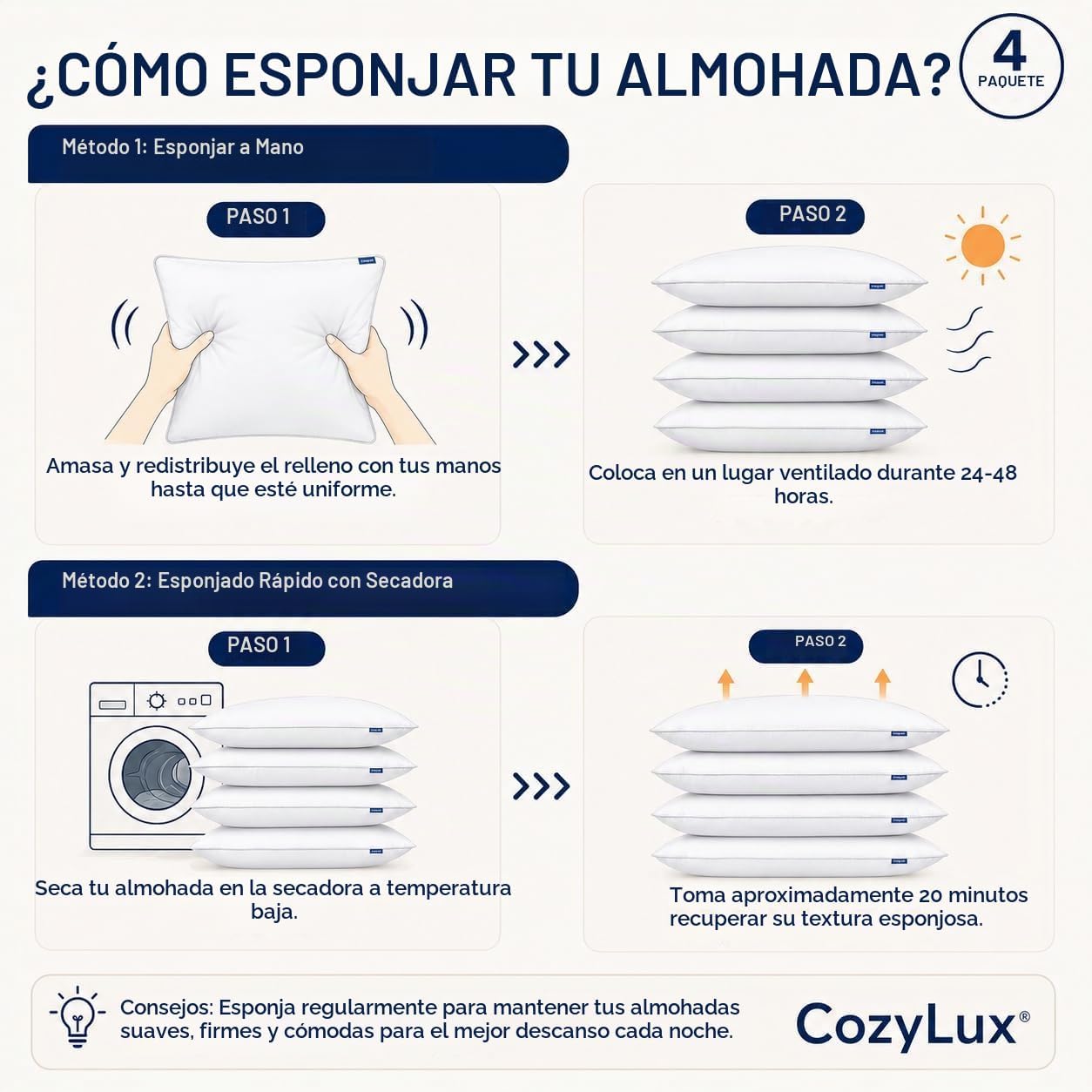 CozyLux Almohadas tamaño King, juego de 4, almohadas de cama de cal...