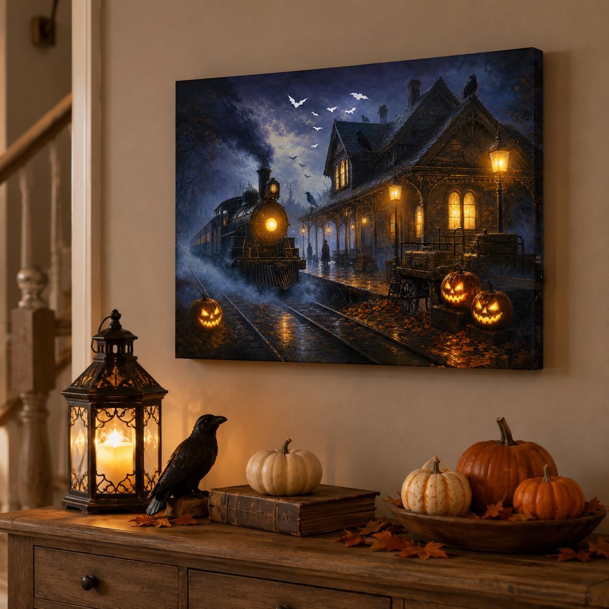 Artiluxy Lienzo decorativo LED de Halloween, estación de tren embru...