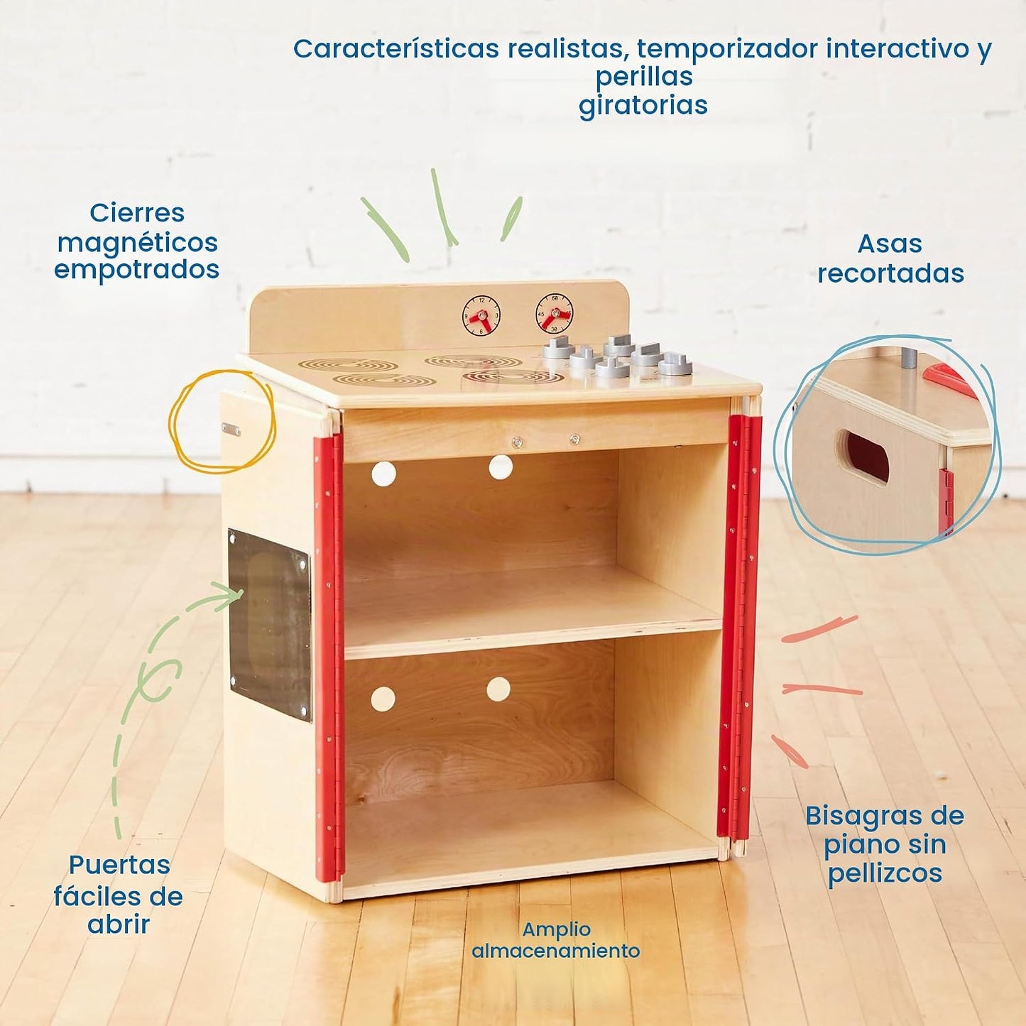 ECR4Kids Estufa de Cocina de Juguete, Set de Juego de Madera, Natural