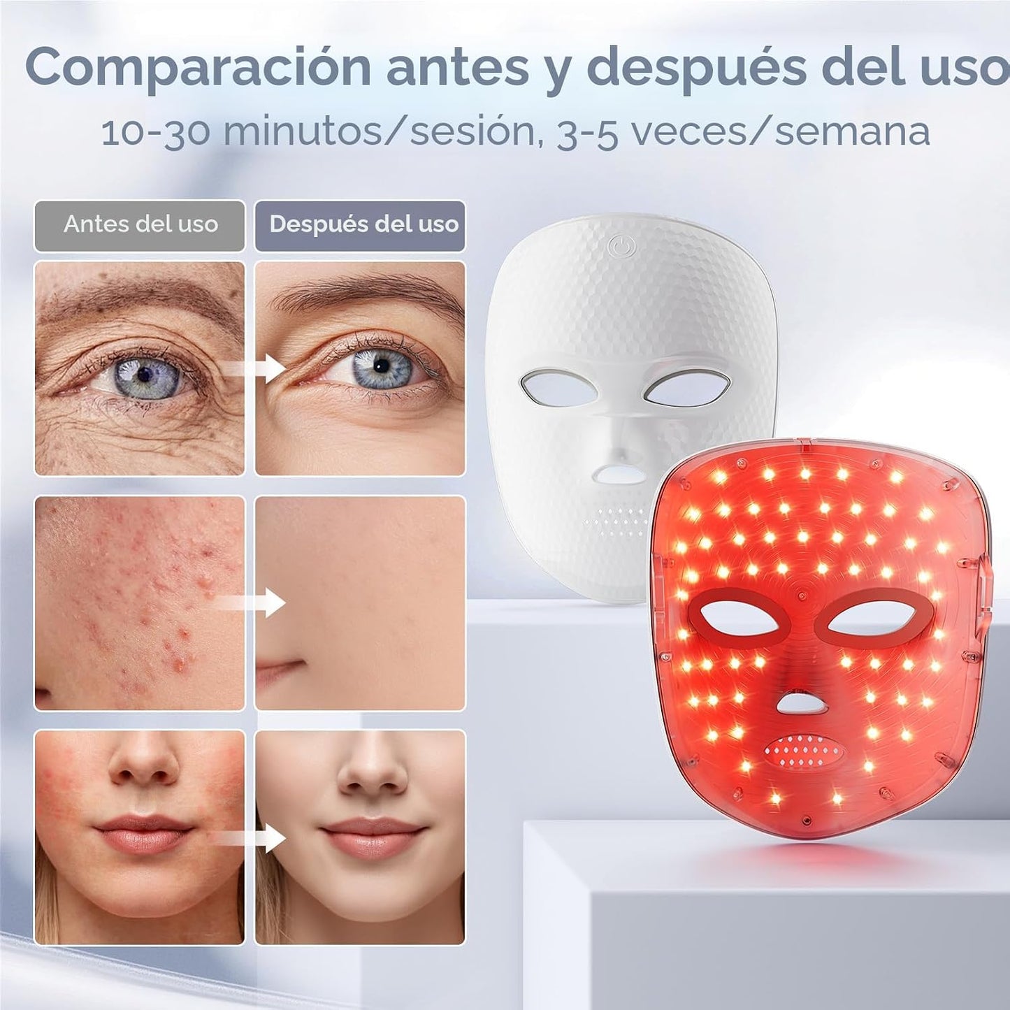 Terapia de luz roja para la cara, máscara facial LED inalámbrica, t...
