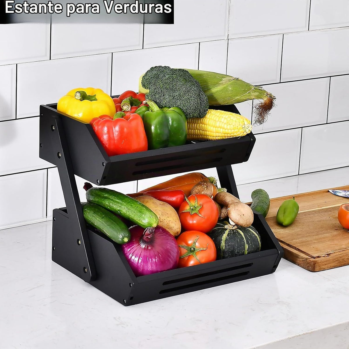 VIKEYHOME Cesta de frutas de bambú, frutero de 2 niveles para cocin...
