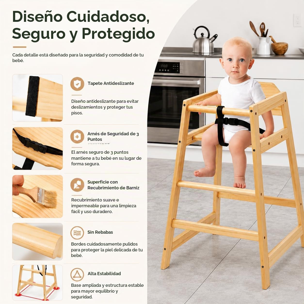 Neoflavie Silla alta de madera para bebés y niños pequeños, natural...