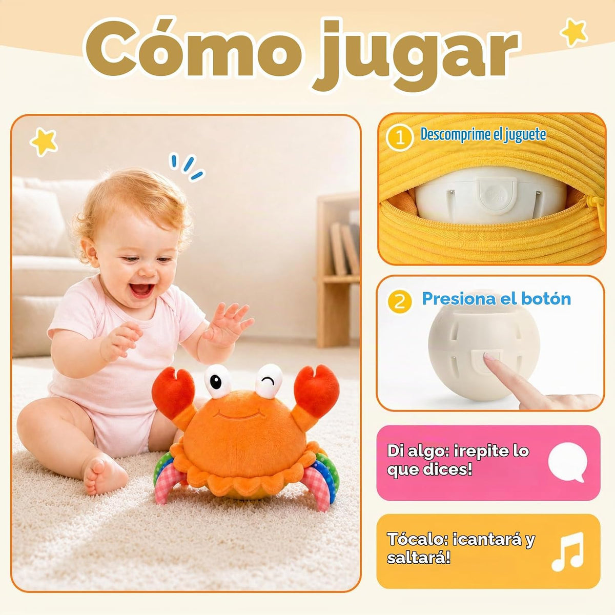 Juguete del bebé del cangrejo que arrastra naranja, juguete musical...