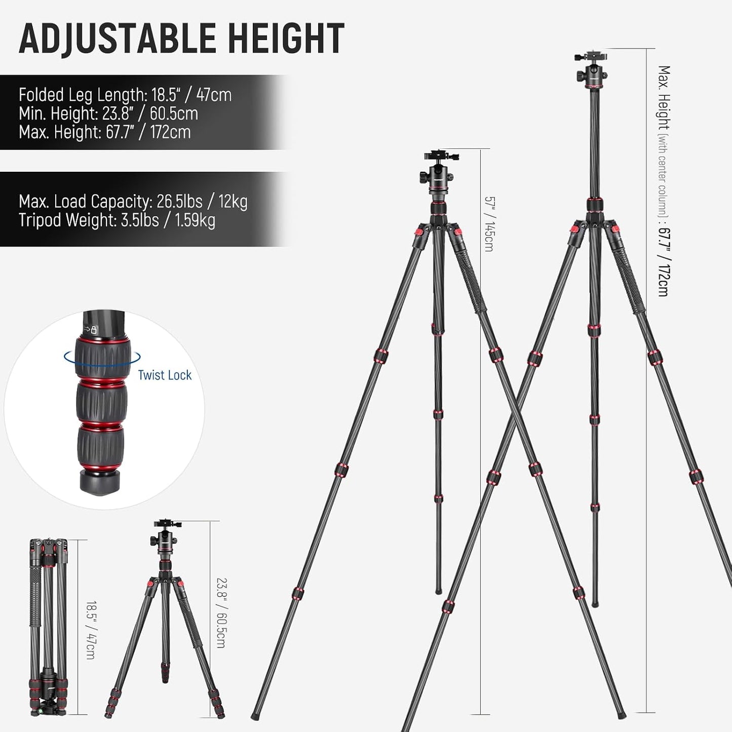 NEEWER Trípode de fibra de carbono de 66"\/168cm para cámara co...