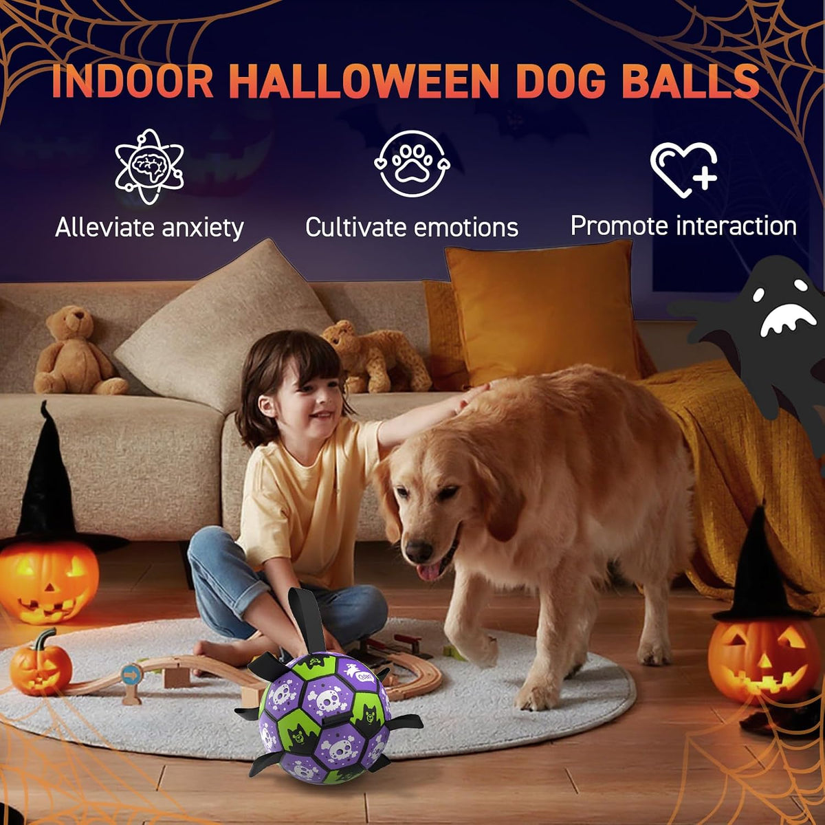 QDAN Juguetes de Halloween para perros, pelota de fútbol con correa...